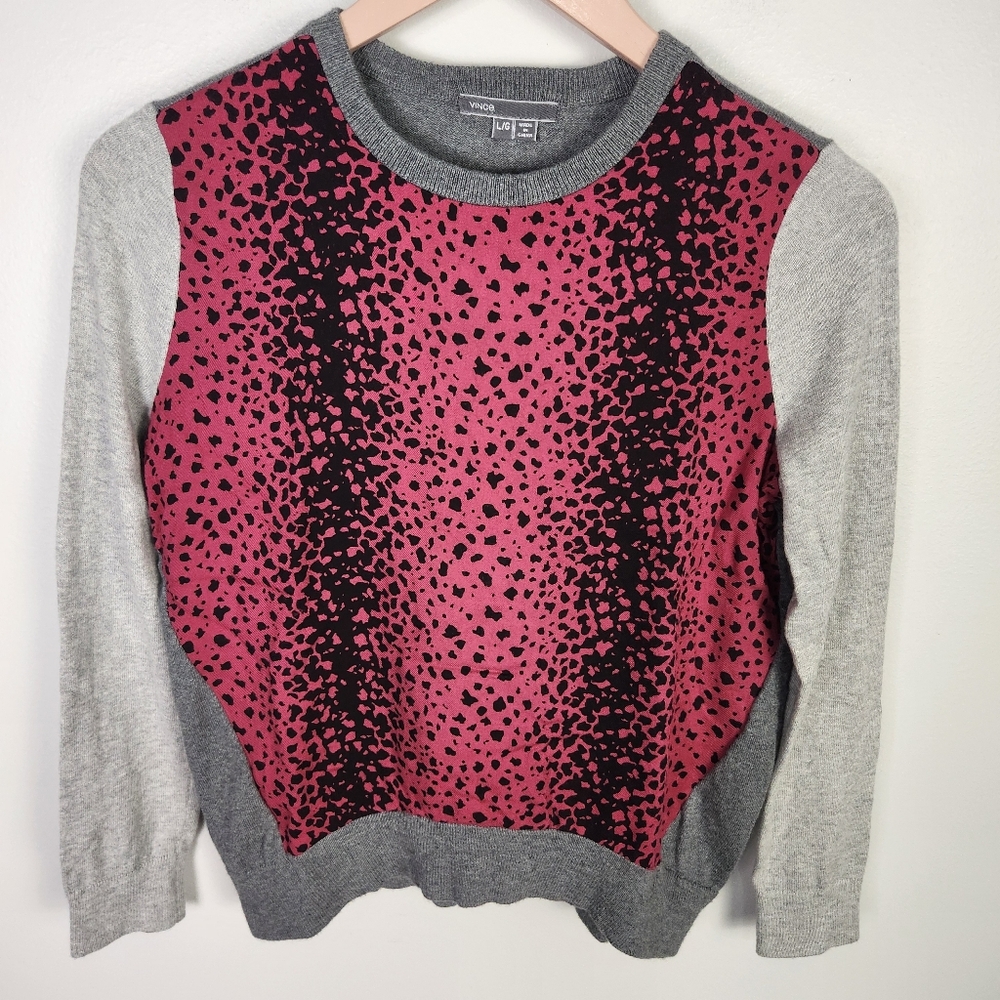 VINCE Girl's Magenta Gray Black Animal Print Color Block Sweater Size Large #661